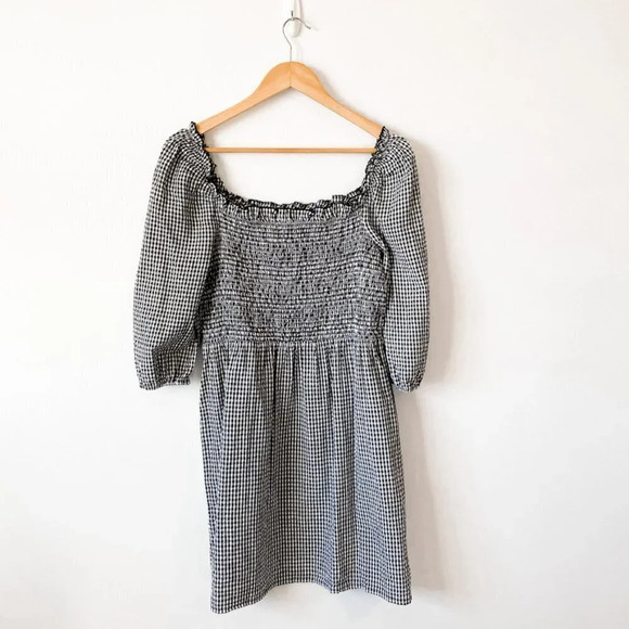 Mango Square Neck Puff Sleeve Smocked Bodice Black White Gingham Mini Dress Sz L - Picture 6 of 7